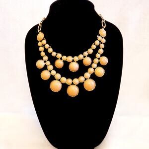 Talbots Statement Necklace – Gold Tone & Tan, Double Strand Bib, Signed T, 17 in